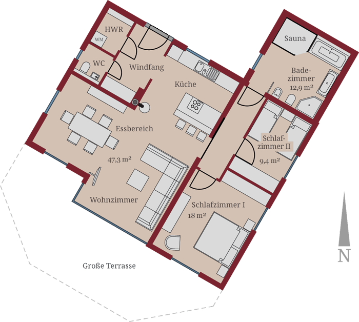 Darstellung des Grundrisses von Ferienwohnung Neptun - Haus Seensucht Börgerende-Rethwisch